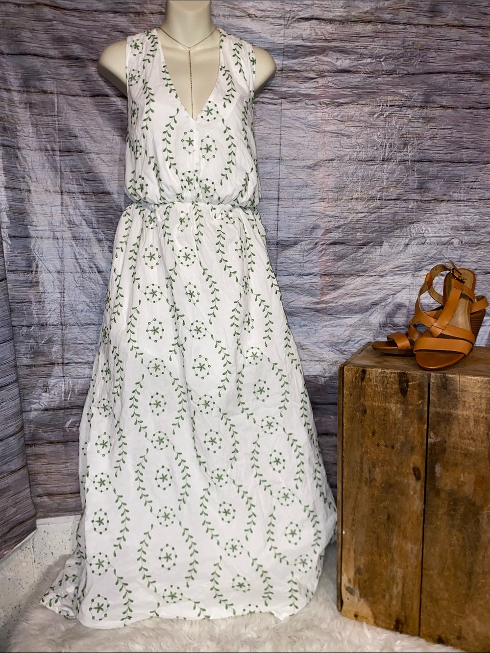 A New Day White Maxi Dress with Green Leaf Motif